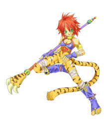 Rule 34 | 1girl, absurdres, animal ears, atm (samuraiedge), breasts, breath of fire, breath of fire ii, bustier, cat ears, cat tail, facial mark, furry, furry female, gloves, green eyes, highres, no panties, no pants, orange hair, pointy ears, red hair, rinpoo chuan, sharp toenails, short hair, small breasts, solo, staff, tail, toenails, white background