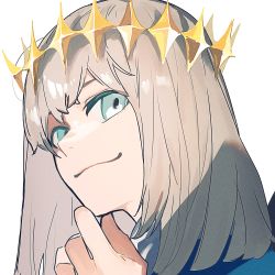Rule 34 | 1boy, aqua eyes, crown, fate/grand order, fate (series), hamelon310, hand on own chin, highres, male focus, oberon (fate), portrait, silver hair, smile, solo, stroking own chin, white background
