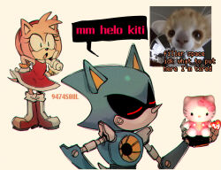 Rule 34 | 1boy, 1girl, 9474s0ul, amy rose, animal ears, boots, bracelet, cat, chromatic aberration, closed eyes, commentary, dress, english commentary, english text, furry, furry female, gloves, green eyes, hairband, hello kitty, hello kitty (character), highres, holding, holding stuffed toy, index finger raised, jewelry, looking at another, metal sonic, open mouth, photo inset, red dress, red footwear, red hairband, robot, sanrio, simple background, sleeveless, sleeveless dress, sonic (series), speech bubble, standing, stuffed toy, tail, white gloves