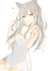 Rule 34 | 1girl, animal ears, bare arms, bare shoulders, blush, bow, breasts, brown eyes, cat ears, collarbone, dress, fingernails, grey hair, hair between eyes, hair ornament, hands up, head tilt, long hair, looking at viewer, lpip, orange bow, original, parted lips, small breasts, solo, strapless, strapless dress, very long hair, white background, white dress
