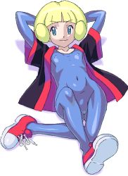 Rule 34 | &gt;:), 1girl, arms behind head, arms up, artist request, blonde hair, blue bodysuit, blunt bangs, bodysuit, collarbone, covered navel, creatures (company), female focus, flat chest, frontier brain, full body, game freak, greta (pokemon), latex, latex suit, lying, neck, nintendo, on back, pokemon, pokemon emerald, pokemon rse, red footwear, shadow, shiny clothes, shoes, short hair, skin tight, sneakers, solo, white background