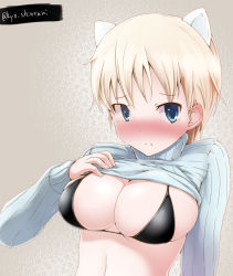 Rule 34 | 10s, 1girl, animal ears, bad id, bad pixiv id, blonde hair, blue eyes, blush, brave witches, breasts, cleavage, clothes lift, female focus, large breasts, looking at viewer, nikka edvardine katajainen, ribbed sweater, shintani kyou, shirt lift, short hair, solo, strike witches, sweater, sweater lift, tears, upper body, weasel ears, world witches series
