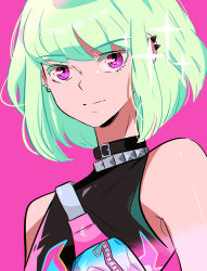 Rule 34 | 1girl, absurdres, bag, belt buckle, buckle, collar, colored eyelashes, ear piercing, earrings, green hair, highres, jewelry, light green hair, lio fotia, piercing, pink background, pink eyes, promare, shirt, short hair, simple background, solo, stephanie priscilla, studded choker, upper body