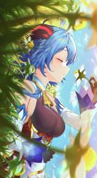 Rule 34 | ahoge, bare shoulders, bell, black gloves, blue hair, blue sky, breasts, cloud, detached sleeves, closed eyes, flower, ganyu (genshin impact), genshin impact, gloves, gold trim, grass, hand on own stomach, highres, holding, holding flower, horns, kiramarukou, long hair, lying, medium breasts, neck bell, on back, outdoors, parted lips, sky, solo, sweet flower, upper body, white flower, white sleeves