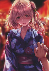 Rule 34 | 1girl, absurdres, blurry, blurry background, blush, breasts, brown eyes, collarbone, fingernails, floral print, hair ornament, hand up, hanikami kanojo, head tilt, highres, hiiragi sano, interlocked fingers, japanese clothes, kimono, light brown hair, lips, long hair, long sleeves, looking at viewer, medium breasts, obi, open mouth, piromizu, sash, scan, simple background, upper body, wide sleeves