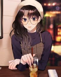 Rule 34 | 1girl, alternate costume, bad arm, bad id, bad twitter id, black hair, black sweater, blue eyes, blurry, blurry background, brown dress, commentary request, cup, depth of field, dress, drinking glass, drinking straw, fate/stay night, fate (series), glass, glasses, highres, holding, ice, ice cube, indoors, long hair, long sleeves, looking at viewer, parted lips, plaid, plaid dress, round eyewear, shimatori (sanyyyy), sleeveless, sleeveless dress, smile, solo, sweater, table, tohsaka rin, upper body, window, wooden table