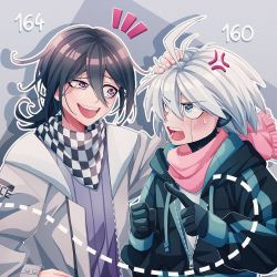 Rule 34 | 2boys, :d, ahoge, alternate costume, anger vein, black hair, black jacket, blush, checkered clothes, checkered neckwear, checkered scarf, cheer (cheerpuppy14), clenched hand, danganronpa (series), danganronpa v3: killing harmony, eye contact, gloves, green jacket, grey eyes, grey hair, grey jacket, headpat, highres, jacket, k1-b0, looking at another, male focus, multicolored clothes, multicolored jacket, multiple boys, notice lines, oma kokichi, open clothes, open jacket, open mouth, pink scarf, pointing, pointing at another, scarf, shirt, smile, sweatdrop, teeth, two-tone jacket, upper body, upper teeth only, white shirt