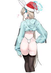 Rule 34 | 1girl, absurdres, alternate costume, animal ears, arm at side, ass, asuna (blue archive), black thighhighs, blue archive, blue eyes, commentary, cropped hoodie, fake animal ears, fake tail, from behind, grin, hair over one eye, hair over shoulder, hair ribbon, halo, hand on own hip, hat, heart, highres, hood, hood down, hoodie, light brown hair, long hair, looking at viewer, looking back, mark jin, one-piece swimsuit, rabbit ears, rabbit tail, ribbon, santa hat, simple background, sleeves past wrists, smile, solo, swimsuit, swimsuit under clothes, tail, thighhighs, very long hair, white background