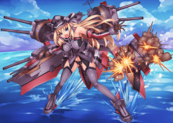 Rule 34 | &gt;:o, 10s, 1girl, :o, bad anatomy, bad id, bad pixiv id, bismarck (kancolle), black panties, black thighhighs, blonde hair, blue eyes, breasts, brown gloves, cannon, cloud, cross, day, explosion, firing, firing at viewer, full body, gloves, hat, iron cross, kantai collection, large breasts, leaning forward, long hair, long sleeves, looking at viewer, mecha musume, military, military hat, military uniform, mk-5, ocean, open mouth, outdoors, panties, peaked cap, smoke, solo, standing, standing on liquid, thighhighs, turret, underwear, uniform, v-shaped eyebrows