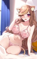 Rule 34 | 1girl, animal ear fluff, animal ears, blush, bra, breasts, brown hair, cleavage, collarbone, commentary, commission, covered erect nipples, english commentary, hazumi aileen, highres, indie virtual youtuber, lace, lace bra, leaning to the side, lion ears, lion tail, long hair, looking at viewer, marta (elara 7), medium breasts, multicolored hair, navel, one eye closed, open mouth, panties, pink bra, pink panties, second-party source, sitting, solo, stomach, streaked hair, tail, underwear, very long hair, virtual youtuber
