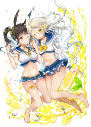 Rule 34 | 2girls, :o, ;), animal ears, ankle lace-up, ankle ribbon, arm at side, arm garter, bare shoulders, barefoot, blue sailor collar, blue skirt, blunt bangs, blush, bow, bracelet, braid, breasts, cat ears, choker, clenched hand, collarbone, commentary request, cropped shirt, cross-laced footwear, floating hair, food-themed hair ornament, frilled skirt, frills, full body, groin, hair bow, hair ornament, hair ribbon, hand up, hands up, holding hands, interlocked fingers, jewelry, leg ribbon, lemon hair ornament, long hair, long sleeves, looking at viewer, low-tied long hair, medium breasts, microskirt, midriff, miniskirt, mizukikushou, multiple girls, navel, neckerchief, one eye closed, open mouth, original, panties, pantyshot, parted bangs, pearl bracelet, pleated skirt, red eyes, ribbon, sailor collar, sailor shirt, school uniform, serafuku, shirt, side-by-side, side braid, silver hair, skirt, sleeveless, small breasts, smile, standing, stomach, twintails, underwear, upskirt, very long hair, water drop, white panties, white shirt, yellow bow, yellow choker, yellow neckerchief, yellow ribbon