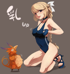 Rule 34 | 1girl, :p, bare shoulders, bird, blonde hair, blue one-piece swimsuit, braid, breasts, breasts squeezed together, caee penguin, chicken, choker, cleavage, covered erect nipples, gloves, granado espada, grey background, high heels, kneeling, long hair, looking at viewer, one-piece swimsuit, open shoes, purple eyes, shoes, simple background, solo, swimsuit, tongue, tongue out, valeria (granado espada)
