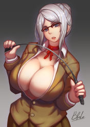 Rule 34 | 10s, 1girl, artist name, blue eyes, breasts, cleavage, glasses, grey background, huge breasts, looking at viewer, prison school, qblade, riding crop, shiraki meiko, silver hair, simple background, solo, unbuttoned