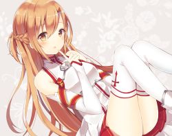 Rule 34 | 10s, 1girl, armor, asuna (sao), breastplate, brown eyes, brown hair, detached sleeves, finger to mouth, highres, index finger raised, kanadetsuki shion, long hair, long legs, shiino sera (gelatin), solo, sword art online, thighhighs, white thighhighs