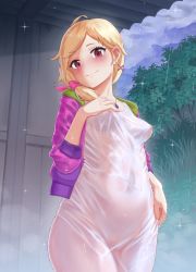 Rule 34 | 1girl, blonde hair, blush, breasts, carbon12th, cleft of venus, covered erect nipples, digimon, digimon survive, female focus, kimishima saki, long hair, looking at viewer, nipples, ponytail, rain, red eyes, see-through, shirt, side ponytail, small breasts, smile, solo, transparent, upper body, water drop, wet, wet clothes, wet hair, wet shirt