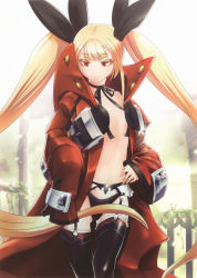 Rule 34 | 1girl, absurdres, arc system works, black panties, blazblue, blonde hair, colored eyelashes, cosplay, eyelashes, flat chest, highres, jacket, long hair, no bra, official art, open clothes, oversized clothes, panties, rachel alucard, ragna the bloodedge, ragna the bloodedge (cosplay), red eyes, sleeves past wrists, solo, thighhighs, twintails, underwear, very long hair