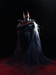 Rule 34 | 1boy, alternate design, animal ears, bat ears, batman (series), black background, black cape, cape, claws, dark, dc comics, long fingers, male focus, muscular, navel, no mouth, no pupils, painterly, solo, standing, veins, white eyes, xin wang