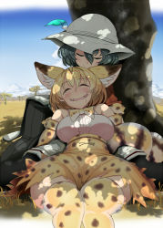 Rule 34 | 10s, 2girls, animal ears, bare shoulders, blonde hair, blush, bow, bowtie, drooling, elbow gloves, fangs, gloves, hat, kaban (kemono friends), kemono friends, multiple girls, natsupoi, open mouth, pantyhose, savannah, serval (kemono friends), serval print, serval tail, shade, short hair, skirt, sleeping, sleeveless, smile, tail, thighhighs, tree, wide hips