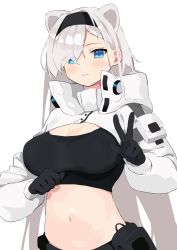 Rule 34 | 1girl, absurdres, animal ears, arknights, aurora (arknights), aurora (elite ii) (arknights), bear ears, black gloves, black hairband, black shirt, blue eyes, breasts, cleavage, commentary, crop top, gloves, hairband, highres, large breasts, long hair, long sleeves, looking at viewer, midriff, navel, parted lips, poyason, shirt, shrug (clothing), simple background, smile, solo, stomach, upper body, v, very long hair, white background, white hair