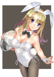 Rule 34 | 1girl, animal ears, bare shoulders, black bow, black bowtie, black pantyhose, blonde hair, blue eyes, bow, bowtie, breasts, cleavage, closed mouth, commentary request, cowboy shot, detached collar, fake animal ears, fake tail, hairband, highres, holding, katahira masashi, large breasts, leotard, long hair, looking at viewer, nail polish, original, pantyhose, playboy bunny, rabbit ears, rabbit tail, reflection, sidelocks, smile, solo, tail, two-tone background, white leotard, wrist cuffs