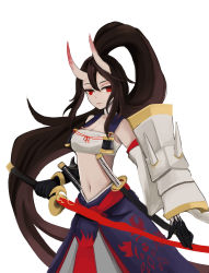 Rule 34 | 1girl, armor, black gloves, black hair, breasts, cleavage, gloves, guobo, hair between eyes, high ponytail, highres, holding, holding sword, holding weapon, horns, katana, long hair, midriff, navel, oni horns, onmyoji, onmyouji, ponytail, red eyes, sheath, sheathed, sidelocks, simple background, spiked armor, standing, sword, very long hair, weapon, white background, youtouhime