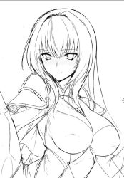 Rule 34 | 1girl, armor, breasts, cape, cleavage, commentary request, covered erect nipples, fate/grand order, fate (series), greyscale, halcon, large breasts, lineart, long hair, looking at viewer, monochrome, scathach (fate), shoulder armor, sidelocks, simple background, sketch, smile, solo, upper body, white background