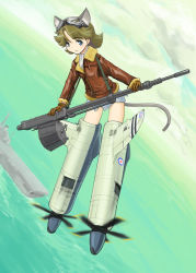 Rule 34 | 1girl, aircraft carrier, animal ears, blue eyes, brown hair, drum magazine, gloves, goggles, gun, jacket, leather, leather jacket, machine gun, magazine (weapon), md5 mismatch, military, military vehicle, resolution mismatch, ship, solo, source larger, strike witches, striker unit, tail, ugai yuichi, warship, watercraft, weapon, world witches series