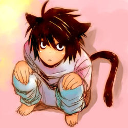 Rule 34 | 00s, 1boy, animal ears, bags under eyes, cat boy, cat ears, death note, l (death note), l lawliet, lowres, male focus, pink background, simple background, solo