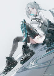Rule 34 | 1girl, bandaid, bandaid on leg, black footwear, black jacket, black panties, black thighhighs, blue eyes, blue hair, breasts, closed mouth, collared shirt, commentary request, dress shirt, dutch angle, grey background, grey hair, highres, jacket, knees up, long sleeves, looking at viewer, multicolored hair, no pants, off shoulder, open clothes, open jacket, original, panties, parted bangs, prosthesis, prosthetic leg, shirt, shoes, simple background, small breasts, solo, swav, thighhighs, two-tone hair, underwear, white shirt
