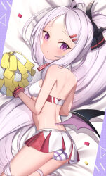 Rule 34 | 1girl, ahoge, ass, bare shoulders, bed sheet, blue archive, breasts, character name, cheerleader, commentary request, demon girl, demon horns, demon wings, forehead, grey hair, highres, hina (blue archive), horns, long hair, looking at viewer, looking to the side, low wings, lying, millennium cheerleader outfit (blue archive), on side, panties, parted bangs, parted lips, pink wings, pleated skirt, pom pom (cheerleading), ponytail, purple eyes, revision, skirt, small breasts, solo, striped clothes, striped panties, underwear, uneg, very long hair, white skirt, wings