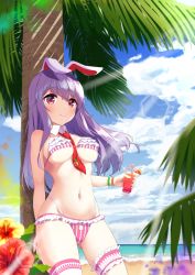 Rule 34 | 1girl, absurdres, ambasa, animal ears, beach, bikini, breasts, cloud, cup, day, highres, holding, holding cup, large breasts, long hair, navel, ocean, outdoors, purple hair, rabbit ears, red eyes, reisen udongein inaba, sky, smile, solo, swimsuit, touhou, tree, tropical, very long hair, water
