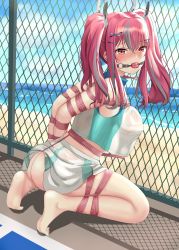 Rule 34 | 1girl, absurdres, ass, azur lane, ball gag, barefoot, bdsm, beach, blue sky, blush, bondage, bound, breasts, bremerton (azur lane), bremerton (scorching-hot training) (azur lane), chain-link fence, commentary request, covered erect nipples, day, feet, fence, gag, gradient sky, grey hair, hair between eyes, hair ornament, hairclip, highres, jiang qian xiao, large breasts, long hair, looking at viewer, midriff, miniskirt, multicolored hair, ocean, outdoors, pink eyes, pink hair, restrained, see-through, shadow, shirt, skirt, sky, sleeveless, sleeveless shirt, solo, sportswear, streaked hair, sweat, tennis court, tennis uniform, twintails, two-tone skirt, waves, wet, wet clothes, wet shirt, x hair ornament