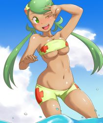 Rule 34 | 1girl, ;d, arm up, bandeau, bare shoulders, bikini, blue sky, blush, breasts, cameltoe, cleavage, cleft of venus, cloud, covered erect nipples, creatures (company), dark-skinned female, dark skin, day, floral print, game freak, gen 1 pokemon, green eyes, green hair, hair ornament, happy, hip focus, mallow (pokemon), navel, nintendo, ocean, one eye closed, open mouth, partially submerged, pokemon, pokemon (anime), pokemon (creature), pokemon sm, pokemon sm (anime), sky, smile, solo, staryu, stomach, strapless, swimsuit, tof, trial captain, tube top, twintails, underboob, wading, water