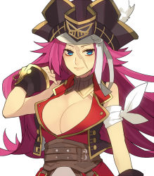 Rule 34 | 10s, 1girl, blue eyes, breasts, cleavage, corset, fate/extra, fate/grand order, fate (series), female focus, francis drake (fate), hat, large breasts, long hair, looking at viewer, pink hair, pirate, pirate hat, sanae (satansanae), scar, simple background, smile, solo, white background