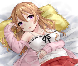 Rule 34 | 1girl, artist name, artist request, bare shoulders, bed, black ribbon, blush, breasts, brown hair, camisole, cleavage, collarbone, curly hair, female focus, frilled shirt, frills, hair between eyes, hair ornament, hairclip, hand on own stomach, head on pillow, jacket, konoe kanata, long hair, long sleeves, looking at viewer, love live!, love live! nijigasaki high school idol club, love live! school idol festival, lying, medium breasts, miniskirt, on back, on bed, on pillow, open clothes, open jacket, open sweater, parted lips, pillow, pink jacket, pink sweater, plaid, plaid skirt, pleated, pleated skirt, purple eyes, red skirt, ribbon, ribbon trim, shirt, skirt, smile, solo, sweater, white camisole, white shirt