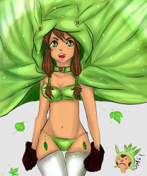 Rule 34 | 10s, 1girl, brown hair, cape, chespin, chibi, chibi inset, cloak, creatures (company), freckles, game freak, gen 6 pokemon, gloves, highres, hood, leaf, lips, looking at viewer, navel, nibirhu89, nintendo, open mouth, personification, poke ball theme, pokemon, pokemon xy, solo, thighhighs