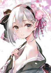 Rule 34 | 1girl, absurdres, alternate costume, back bow, black bow, black hairband, blush, bow, bow hairband, branch, breasts, cherry blossoms, closed mouth, collarbone, colored inner hair, fingernails, floral print, flower, green eyes, green kimono, grey hair, hair flower, hair ornament, hair ribbon, hairband, hairpin, hand up, highres, japanese clothes, kanzashi, ke-ta, kimono, konpaku youmu, long fingernails, long sleeves, looking at viewer, multicolored hair, nipples, open clothes, open kimono, petals, pink flower, pink hair, pink ribbon, ribbon, short hair, simple background, single bare shoulder, small breasts, smile, solo, standing, touhou, upper body, white background, wide sleeves
