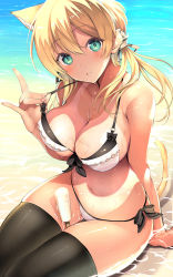 Rule 34 | 1girl, animal ears, aqua eyes, beach, bikini, black thighhighs, blonde hair, blush, breasts, cleavage, collarbone, day, fingernails, food, front-tie bikini top, front-tie top, hair between eyes, highres, inuzumi masaki, kantai collection, large breasts, long hair, low twintails, navel, ocean, open mouth, popsicle, prinz eugen (kancolle), side-tie bikini bottom, solo, swimsuit, tail, tan, tanline, thighhighs, twintails, water, wet