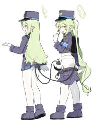Rule 34 | 2girls, :d, absurdres, ass, back, backpack, bag, belt, blue archive, blush, boots, clothes lift, clothes pull, demon tail, earrings, green hair, halo, hat, highres, hikari (blue archive), jewelry, long hair, looking at viewer, multiple girls, nozomi (blue archive), open mouth, pantyhose, pleated skirt, pointy ears, renxzd, shorts, shorts pull, simple background, skirt, skirt lift, smile, sweatdrop, tail, twintails, white background, white pantyhose, yellow eyes