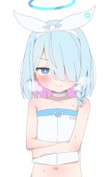 Rule 34 | 1girl, arona (blue archive), blue archive, blue eyes, blue hair, blush, breath, choker, collarbone, completely nude, envelope, flat chest, hair over one eye, hair ribbon, halo, highres, holding, holding envelope, light blue hair, looking at viewer, multicolored hair, navel, nihohohi, nude, pink hair, ribbon, seductive smile, short hair, smile, solo, sweat, two-tone hair, upper body, white background, white choker, white ribbon
