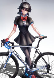 Rule 34 | 1girl, absurdres, ahoge, asllapistone, asymmetrical footwear, asymmetrical gloves, bent over, bicycle, black dress, black hair, black pantyhose, blue footwear, blue gloves, blush, boots, bow, bowtie, breasts, center frills, commentary, crossed legs, dress, eyelashes, fang, fangs, fingerless gloves, fingernails, foot out of frame, footwear bow, frills, gloves, gradient background, grey background, hair between eyes, hand on thigh, highres, houjuu nue, knees, looking at viewer, nail polish, no wings, pantyhose, red bow, red bowtie, red eyes, red footwear, red gloves, red nails, short dress, short hair, short sleeves, silhouette, simple background, slit pupils, small breasts, smile, solo, standing, teeth, thighhighs, touhou, white background, wings