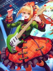 Rule 34 | 1girl, absurdres, ahoge, blonde hair, braid, breasts, fate/extra, fate/grand order, fate (series), french braid, green eyes, green shirt, guitar, hair between eyes, hair intakes, hair ornament, highres, instrument, kankitsurui (house of citrus), large breasts, long hair, long sleeves, looking at viewer, lostroom outfit (fate), nero claudius (fate), nero claudius (fate) (all), nero claudius (fate/extra), official alternate costume, open mouth, orange skirt, petals, plectrum, shirt, side ponytail, skirt, smile, solo