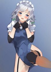Rule 34 | 1girl, adapted costume, unworn apron, black neckwear, blue eyes, blue leotard, blue vest, bow, braid, collared shirt, commission, covered navel, garter straps, gluteal fold, green bow, hair bow, highres, izayoi sakuya, leotard, maid headdress, pixiv commission, puffy sleeves, shirt, short hair, short sleeves, silver hair, simple background, solo, textless version, thigh strap, thighhighs, touhou, tsushi, twin braids, vest, white background, white shirt