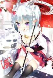 Rule 34 | 1girl, black thighhighs, blue hair, blush, breasts, cleavage, clothes lift, dragon girl, dragon horns, hakama, hakama skirt, horns, japanese clothes, miko, monster girl, oil-paper umbrella, p-nut, pointy ears, purple eyes, red hakama, scarf, shide, short twintails, sitting, skirt, skirt lift, small breasts, smile, snow, snowman, solo, thighhighs, twintails, umbrella