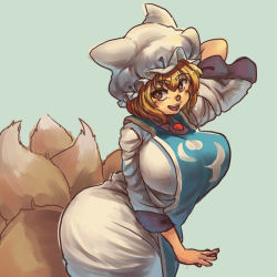 Rule 34 | 1girl, animal hat, arm behind head, blonde hair, breasts, brown eyes, chanta (ayatakaoisii), cowboy shot, dress, fox tail, green background, hat, large breasts, medium hair, mob cap, multiple tails, open mouth, shadow, simple background, smile, solo, tabard, tail, touhou, white dress, white hat, yakumo ran