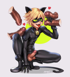 Rule 34 | 1boy, adrien agreste, animal ears, belt, blonde hair, censored, chat noir, colored sclera, disembodied penis, erection, fake animal ears, green eyes, green sclera, handjob, heart, homri, jewelry, licking, male focus, mask, miraculous ladybug, mosaic censoring, multiple penises, naughty face, penis, precum, ring, saliva, solo, teeth, testicles, tongue, tongue out, yaoi