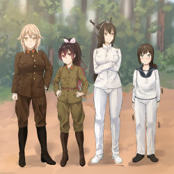Rule 34 | 4girls, absurdres, alternate costume, black footwear, black hair, blonde hair, boots, breasts, brown eyes, brown footwear, brown hair, brown jacket, brown pants, character request, commission, crossover, flat chest, fubuki (kancolle), gradient hair, green eyes, headgear, highres, jacket, kantai collection, kiru (bsesso), large breasts, long hair, long sleeves, low ponytail, military, military uniform, multicolored hair, multiple girls, nagato (kancolle), naval uniform, outdoors, pants, pixiv commission, ponytail, red eyes, red hair, sailor, short hair, short ponytail, sidelocks, small breasts, uniform, white footwear, white jacket, white pants, yellow eyes