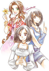 Rule 34 | 3girls, aerith gainsborough, arm warmers, bare shoulders, black hair, black shorts, blue dress, bodysuit, bracelet, braid, breasts, brown eyes, brown hair, choker, cleavage, cropped torso, crossover, dress, final fantasy, final fantasy ix, final fantasy vii, final fantasy viii, flower, garnet til alexandros xvii, green eyes, hair between eyes, hair ribbon, holding, holding flower, jacket, jewelry, lily (flower), long dress, long hair, long sleeves, looking at viewer, medium breasts, multicolored hair, multiple girls, nanoka rio, necklace, open mouth, orange bodysuit, own hands clasped, parted bangs, pink dress, pink ribbon, pointing, puffy long sleeves, puffy sleeves, red jacket, ribbon, rinoa heartilly, shirt, short hair, shorts, sidelocks, signature, smile, square enix, straight hair, streaked hair, upper body, wavy hair, white background, white shirt, yellow flower