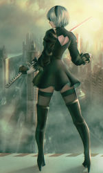 Rule 34 | 1girl, back cutout, black dress, black footwear, black gloves, black thighhighs, blindfold, boots, clothing cutout, covered eyes, dress, fingerless gloves, full body, gloves, headband, heart cutout, high heels, highres, holding, holding sword, holding weapon, long sleeves, nier (series), nier:automata, outdoors, profile, quest (artist), short hair, silver hair, solo, sword, thigh boots, thighhighs, thighhighs under boots, weapon, 2b (nier:automata), zettai ryouiki