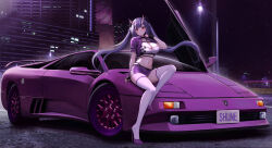Rule 34 | 1girl, absurdres, black gloves, breasts, car, city, city lights, cleavage, commission, crop top, fingerless gloves, floating hair, full body, gloves, high heels, highres, horns, kcar66t, large breasts, long hair, looking at viewer, microskirt, midriff, motor vehicle, navel, night, original, pixiv commission, purple footwear, purple skirt, purple theme, race queen, red eyes, shoes, short sleeves, sitting on car, skirt, solo, stiletto heels, thighhighs, twintails, vehicle request, very long hair, white thighhighs, zettai ryouiki